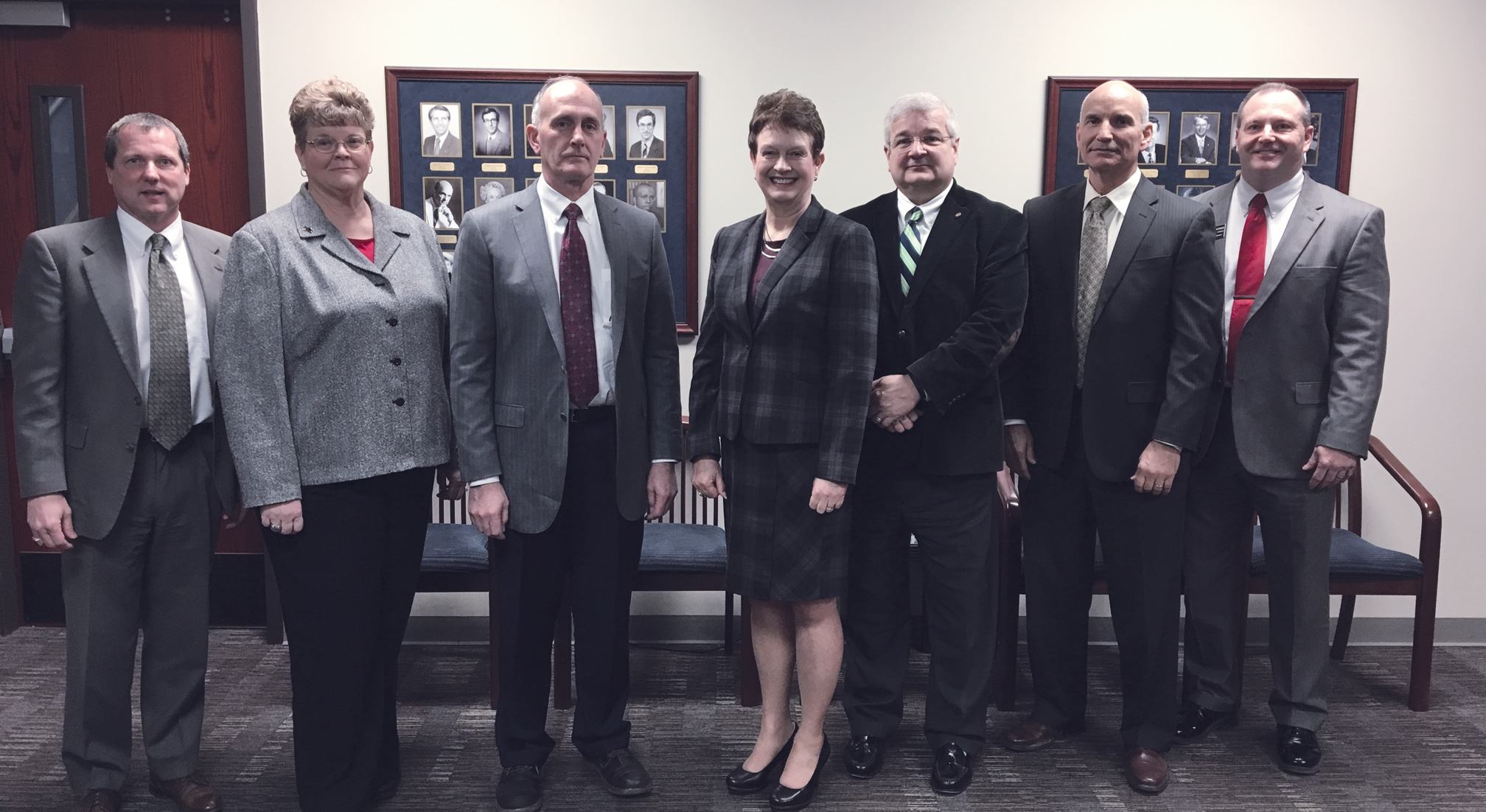 (from left to right) Dr. David Pecha, vice president for administration; Dr. Shelly Wells, Division of Nursing chair; Todd Holder, Charles Morton Share Trust representative; Dr. Janet Cunningham, Northwestern president; B. Michael Carroll, Charles Morton Share Trust representative; Dr. Steve Lohmann, executive vice president; and Dr. Bo Hannaford, dean of the School of Professional Studies.