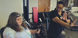 Vickey McDonald works with physical therapist Ana Stone, PT, at Valir PACE. PACE therapists say Vickey is one of the hardest workers they know in physical therapy, overcoming seemingly insurmountable odds.